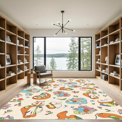 Whimsical Orange Floral Whimsical Animals Rug