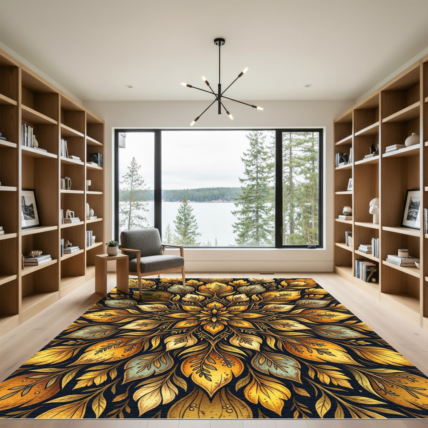 Golden Floral Leaf Symmetry Medallion Rug