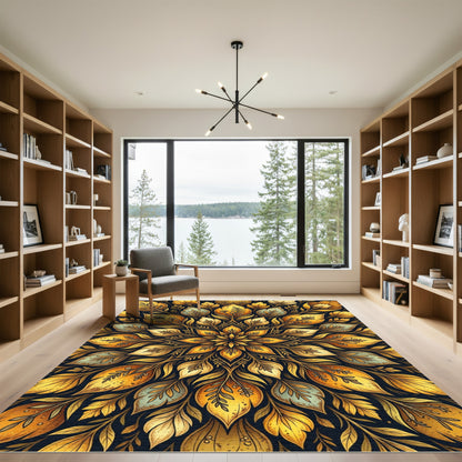 Golden Floral Leaf Symmetry Medallion Rug