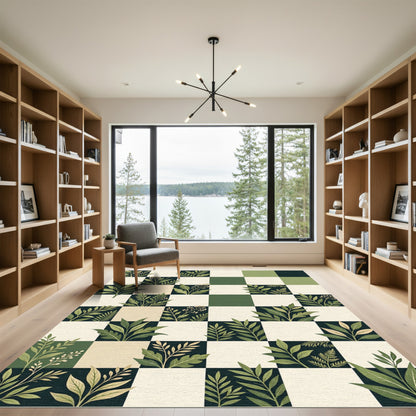 Botanical Green Checkerboard Leaf Garden Rug