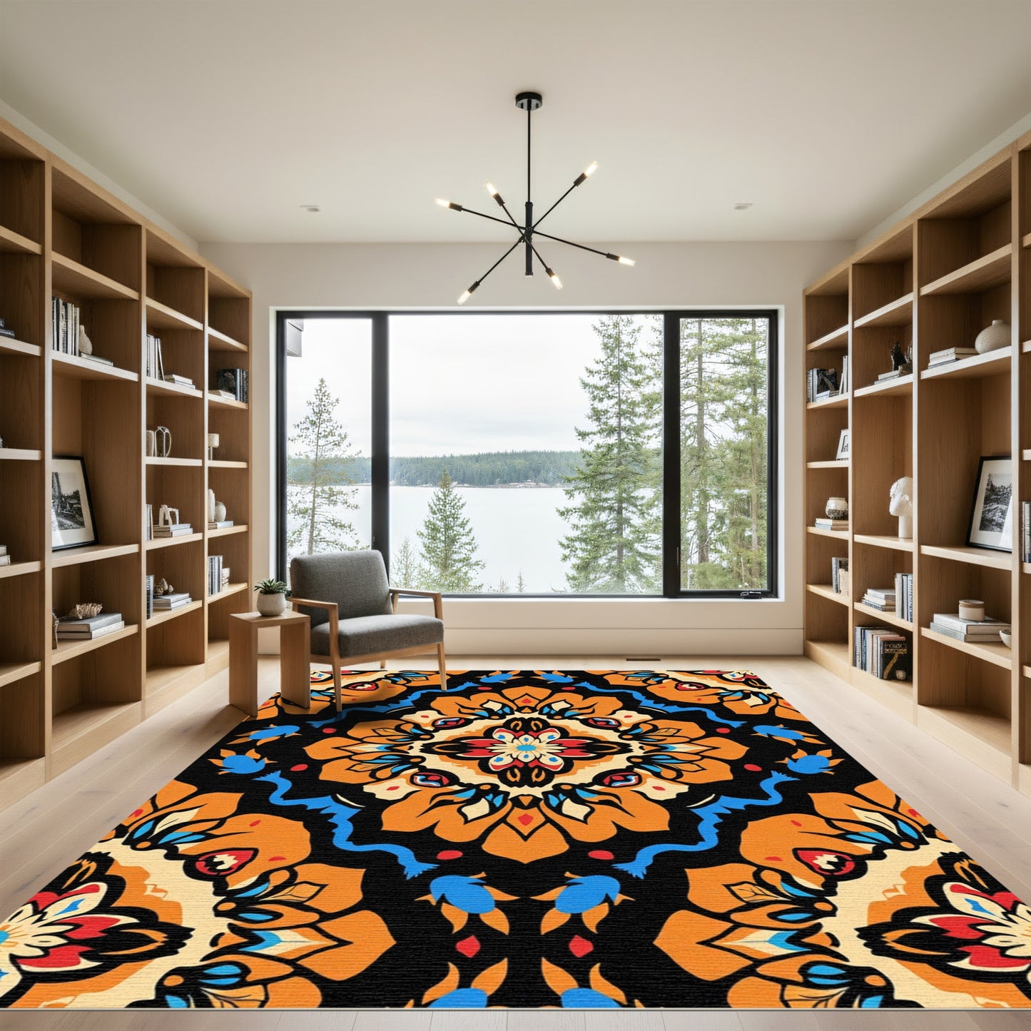 Vibrant orange white blue floral medallion Rug