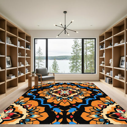 Vibrant orange white blue floral medallion Rug