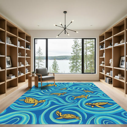Yellow Turtles In Blue Waves Rug