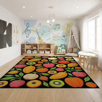 Vibrant Whimsical Fruits Vegetables Leaves Rug