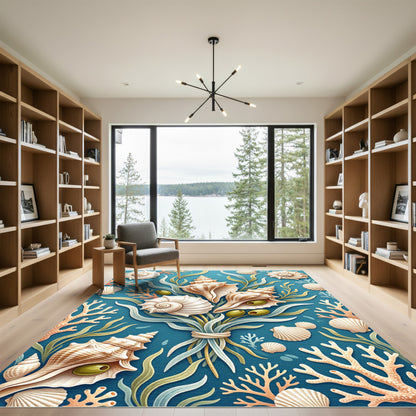 Coastal Seashell Olive Bouquet Blue Accent Rug