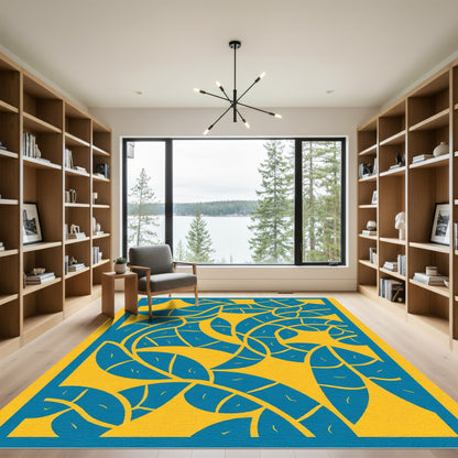 Vibrant Teal Leafy Vines Yellow Rug