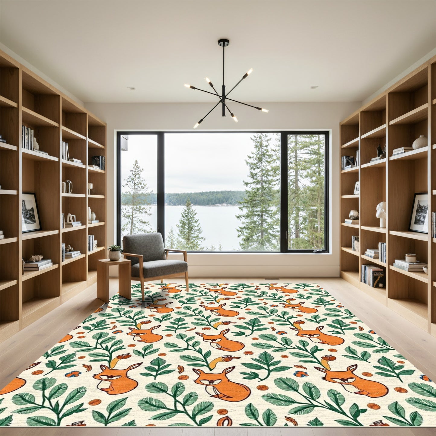 Whimsical Fox Leaves Floral Pattern Rug