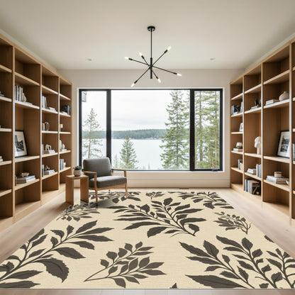 Dark Botanical Sprigs Beige Background Rug