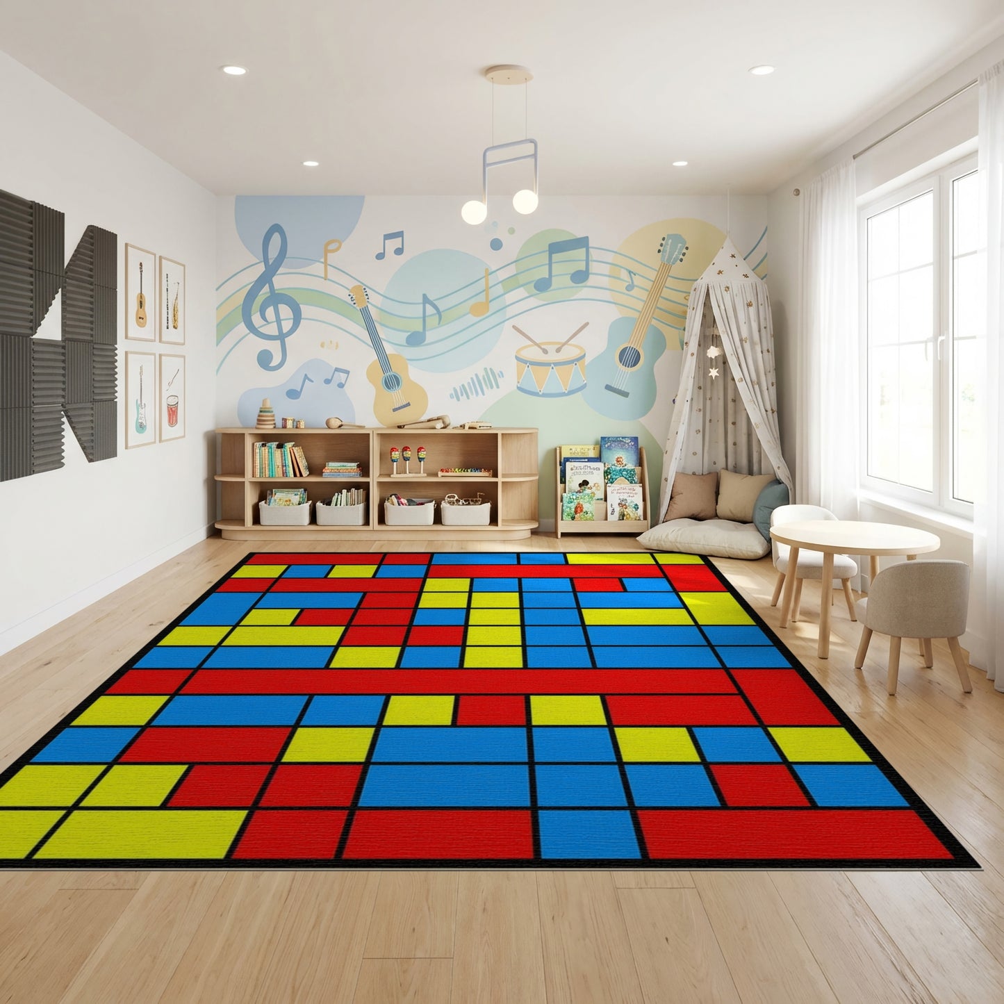 Bold Red Blue Yellow Geometric Rug