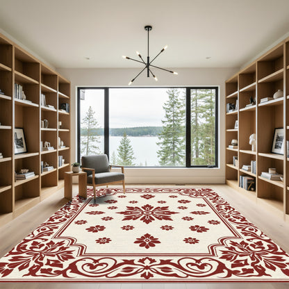 Deep Crimson Floral Bordered Medallion Rug