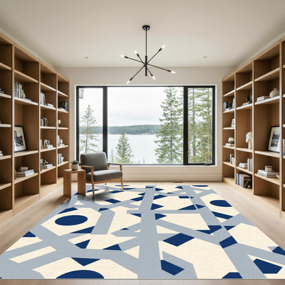 Cream Navy Geometric Interlocking Shapes Rug