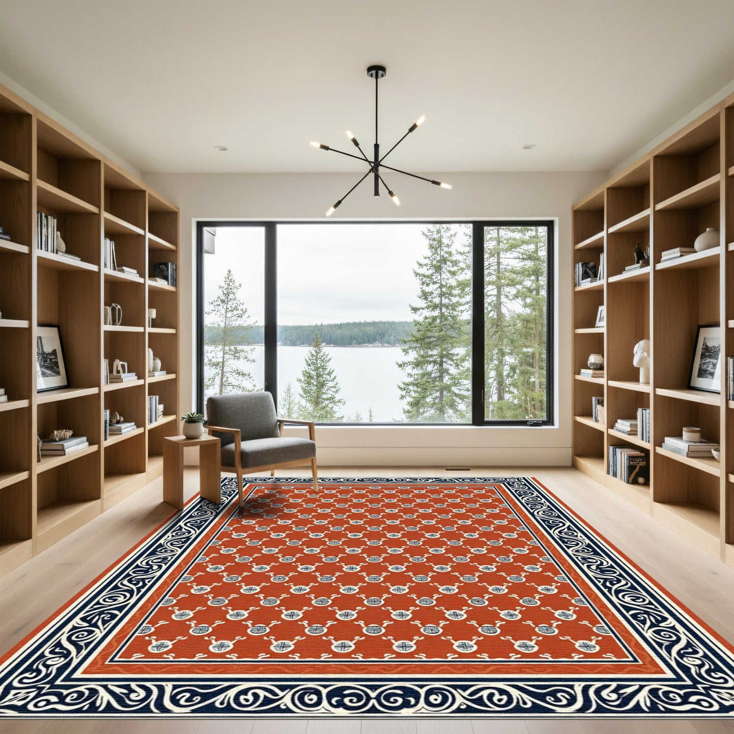 Terracotta White Round Emblem Border Rug