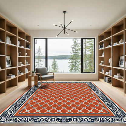 Terracotta White Round Emblem Border Rug
