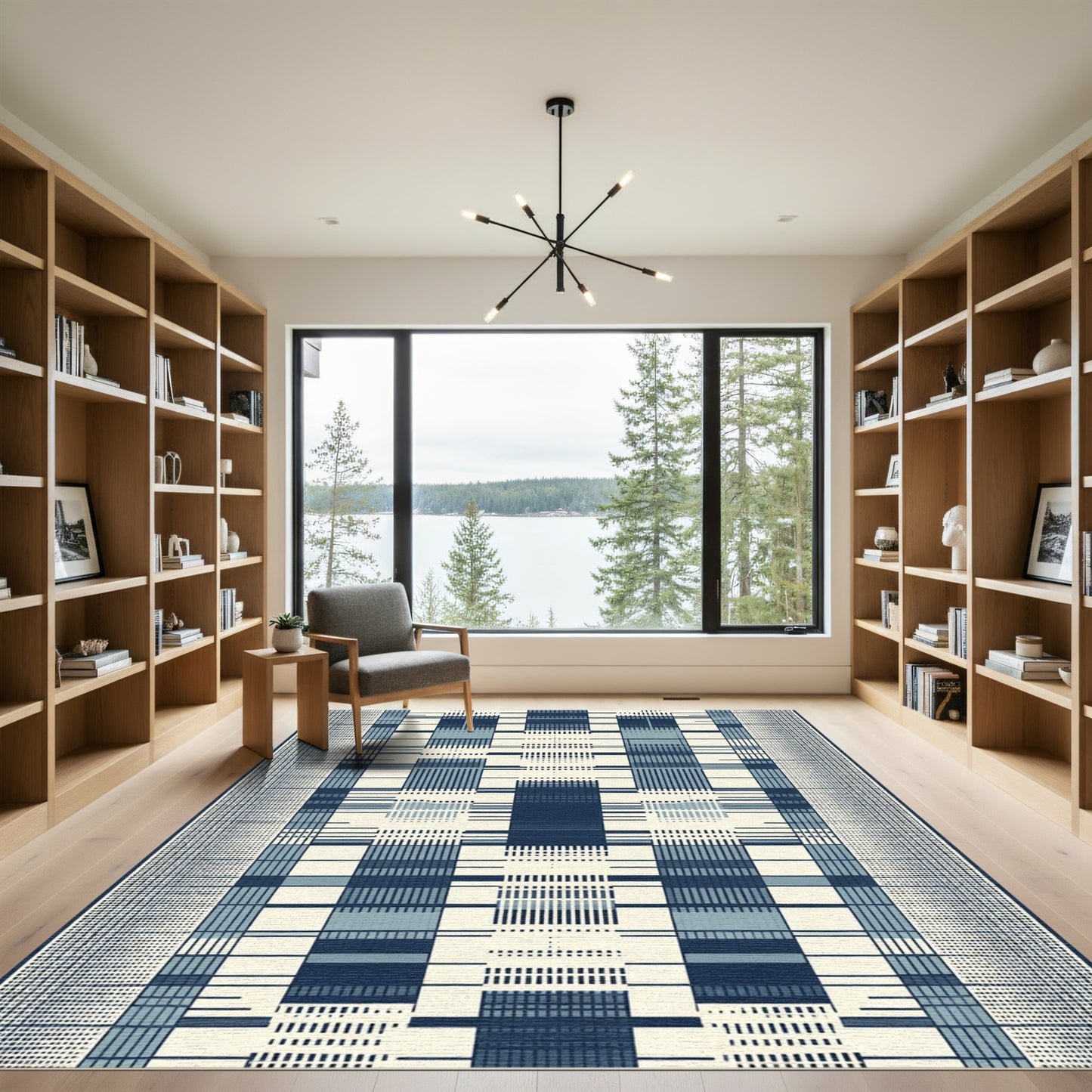 Deep Blue Vertical Stripe Grid Rug