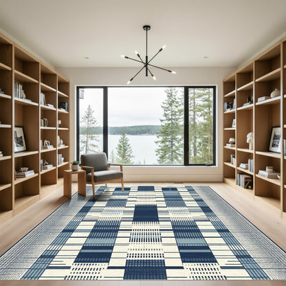 Deep Blue Vertical Stripe Grid Rug