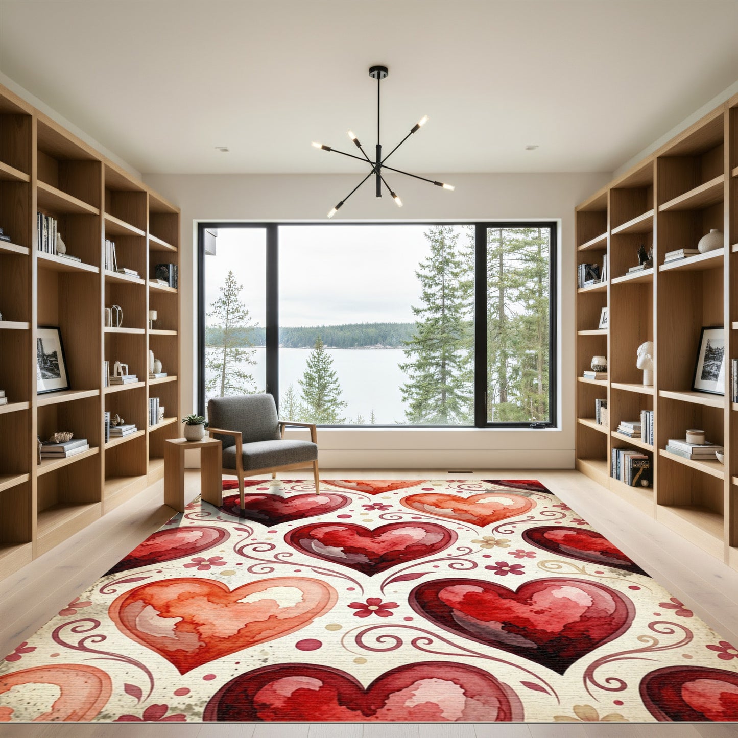 Watercolor Heart Swirl and Floral Art Rug