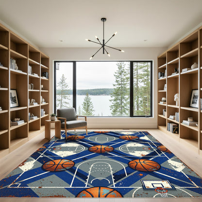 Basketball Court Blue Geometric Sport Rug