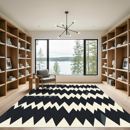 Modern Black White Jagged Stripe Rug