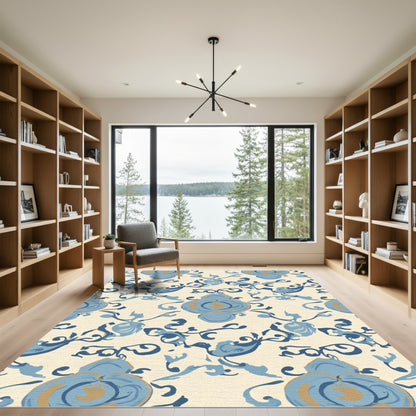 Blue Gold Floral Scrollwork Rug