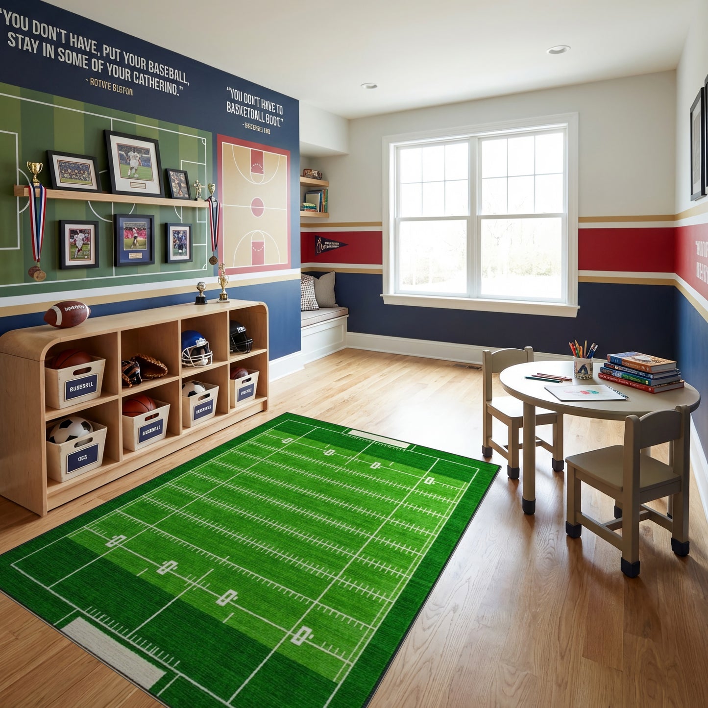 Green Football Field Yard Lines Rug