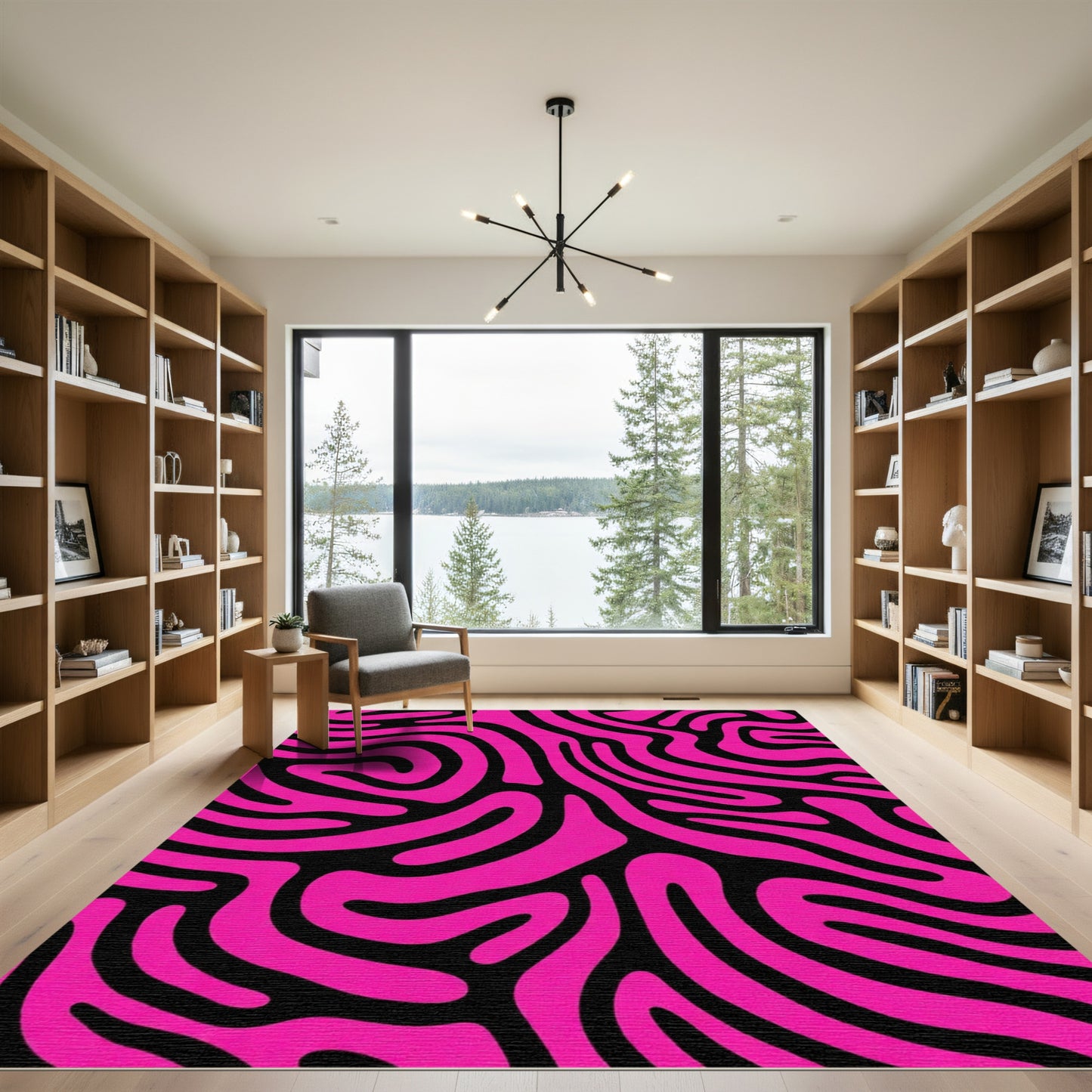 Hot Pink Black Swirled Abstract Rug