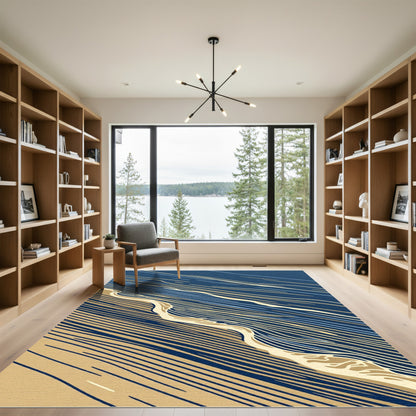 Abstract Navy and Tan Flowing Wave Rug