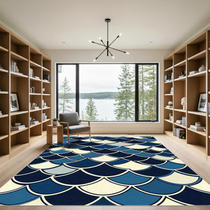 Navy Blue Scalloped Nautical Shell Wave Rug