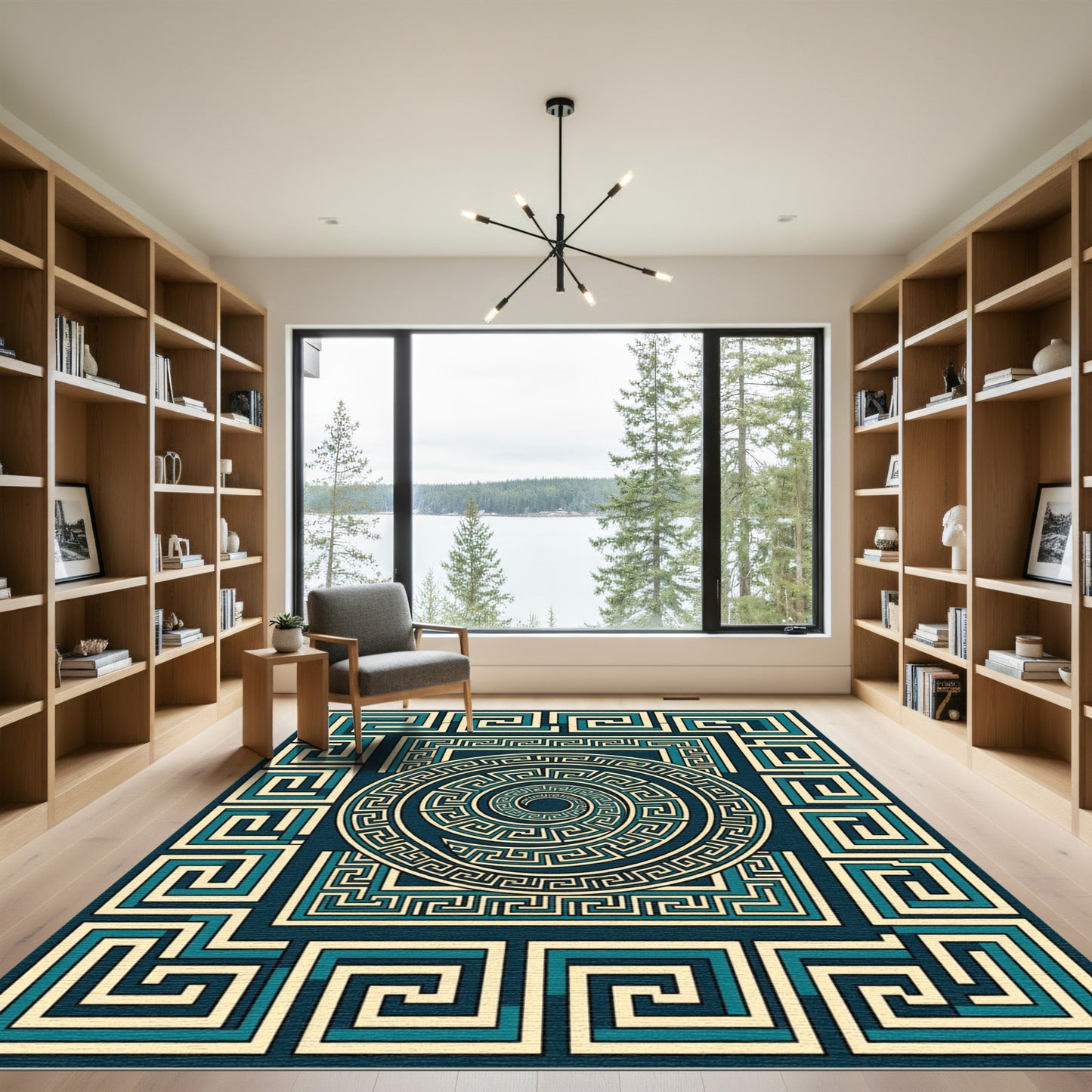 Teal Gold Geometric Maze Rug