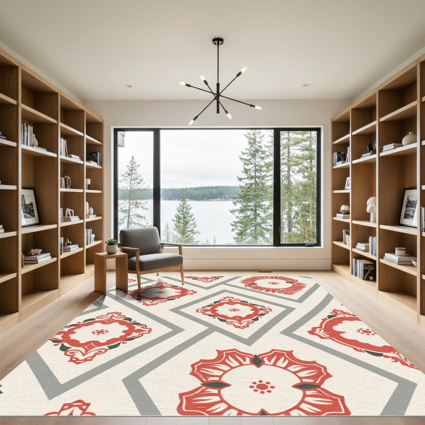 Red Scrollwork Diamond Geometric Rug