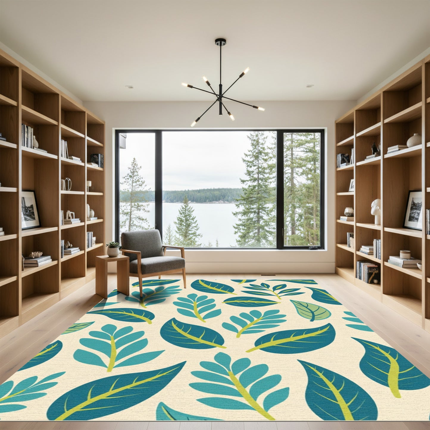 Teal Leafy Branches Cream Background Rug