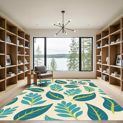 Teal Leafy Branches Cream Background Rug