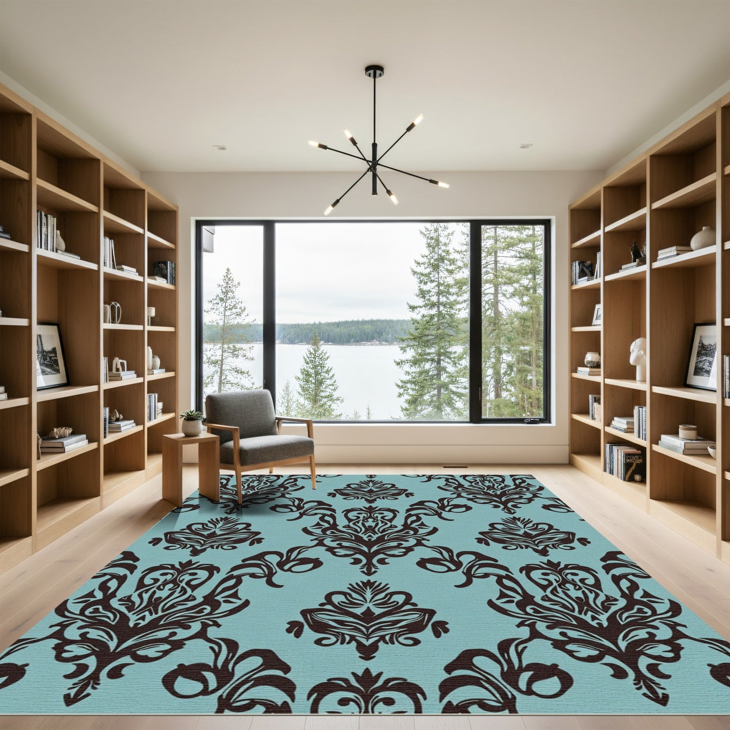 Dark Brown Damask Teal Classic Flourish Rug