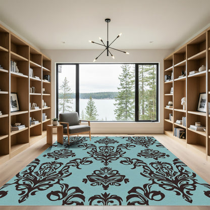 Dark Brown Damask Teal Classic Flourish Rug