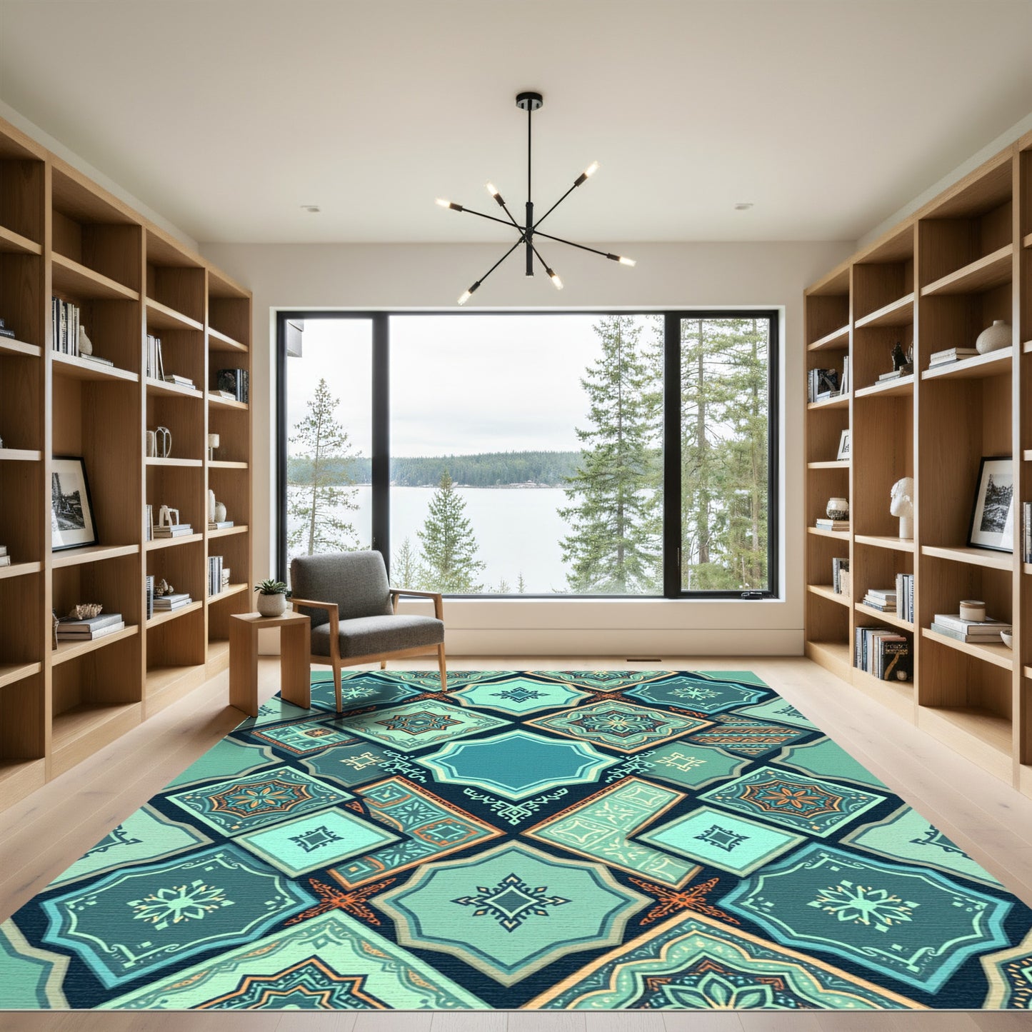 Teal Geometric Mosaic Tile Medallion Rug