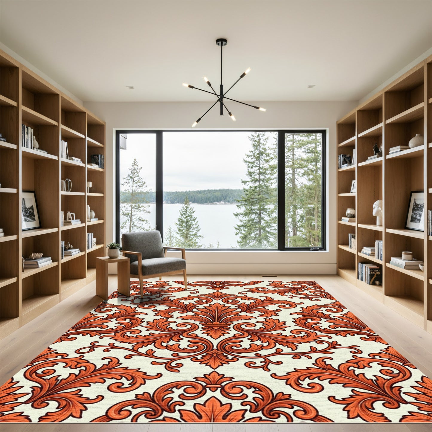 Terracotta Ornate Acanthus Leaf Damask Rug