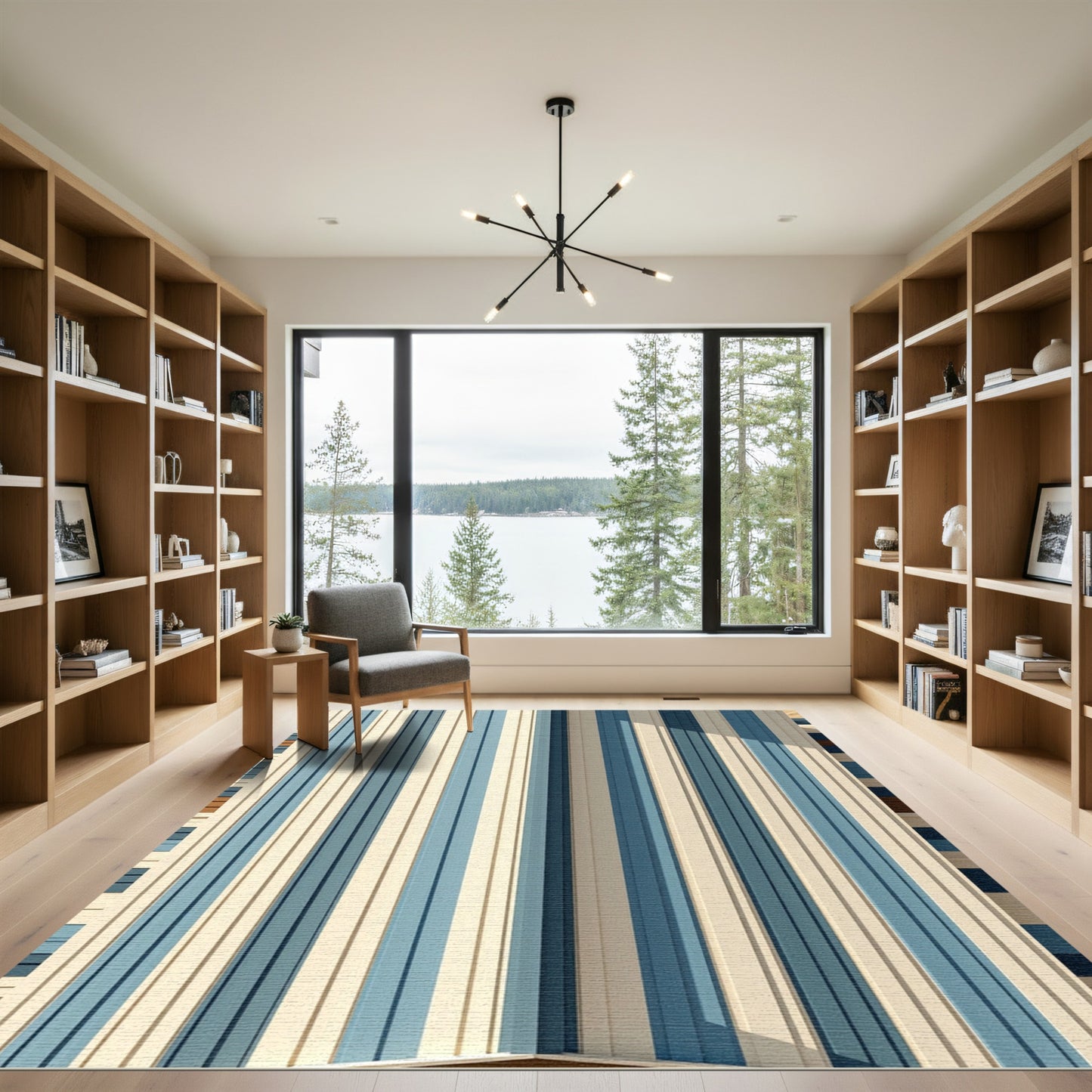 Modern Blue and Beige Linear Stripe Rug