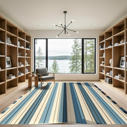 Modern Blue and Beige Linear Stripe Rug