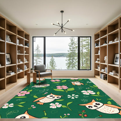 Whimsical Owl Floral Garden Pattern Rug