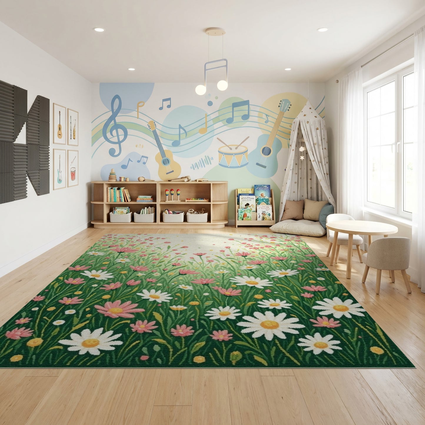 Whimsical Pink Green Daisy Meadow Rug