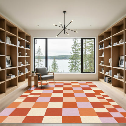 Modern Red Orange Checkerboard Squares Rug
