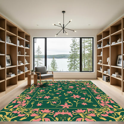 Deep Green Floral Vine Medallion Rug