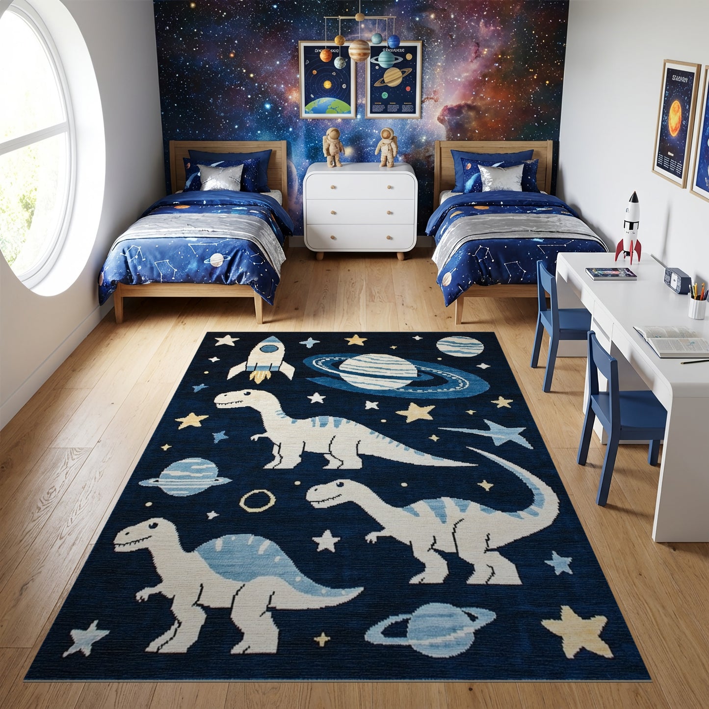 Whimsical Dino Rocket Planet Stars Rug