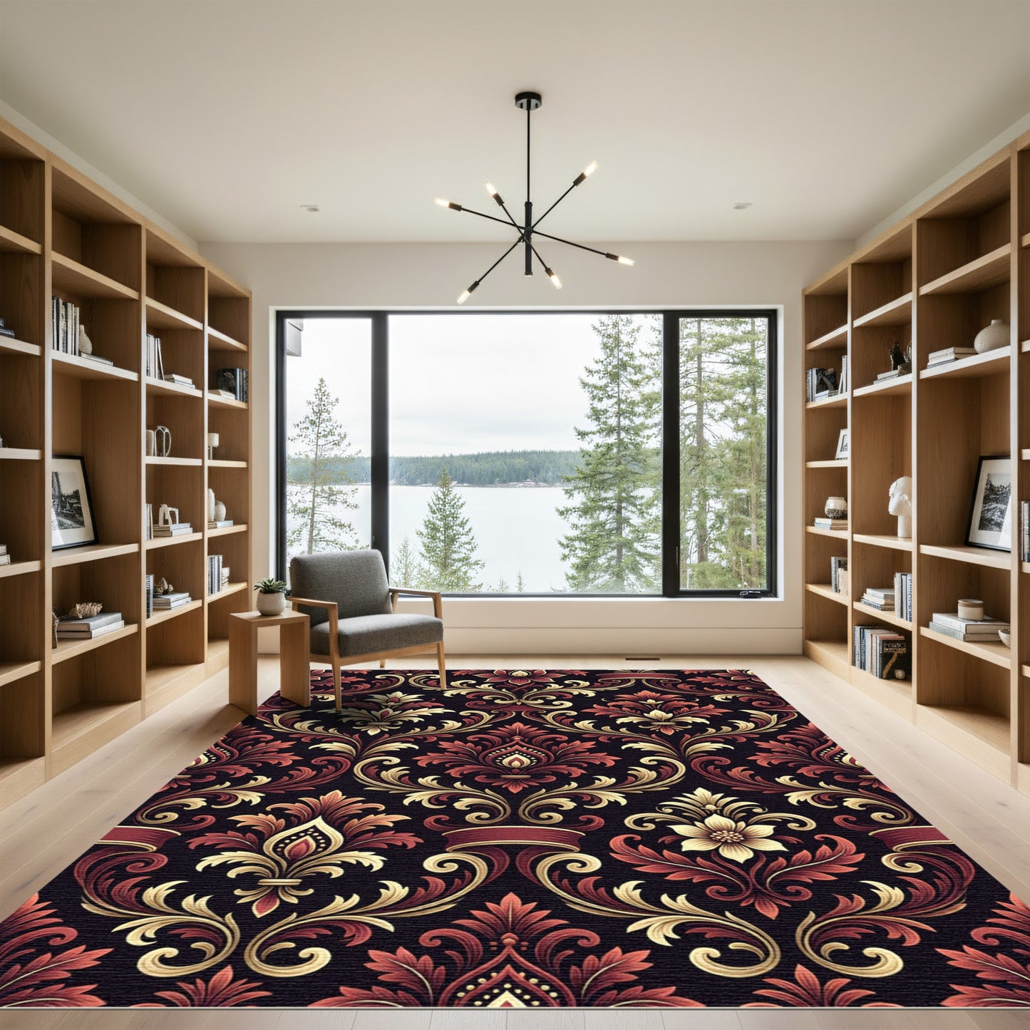 Regal Crimson Gold Damask Floral Rug