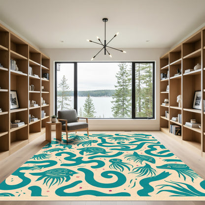 Teal Sea Creatures And Waves Rug