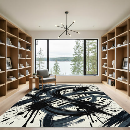 Modern Black Abstract Ink Swirl Rug