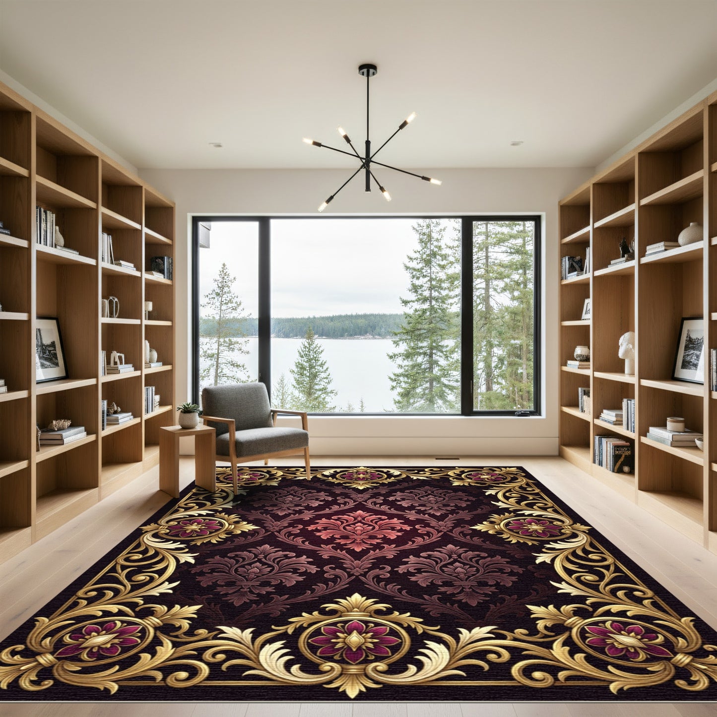 Ornate Gold Vine Flourish Crimson Rug