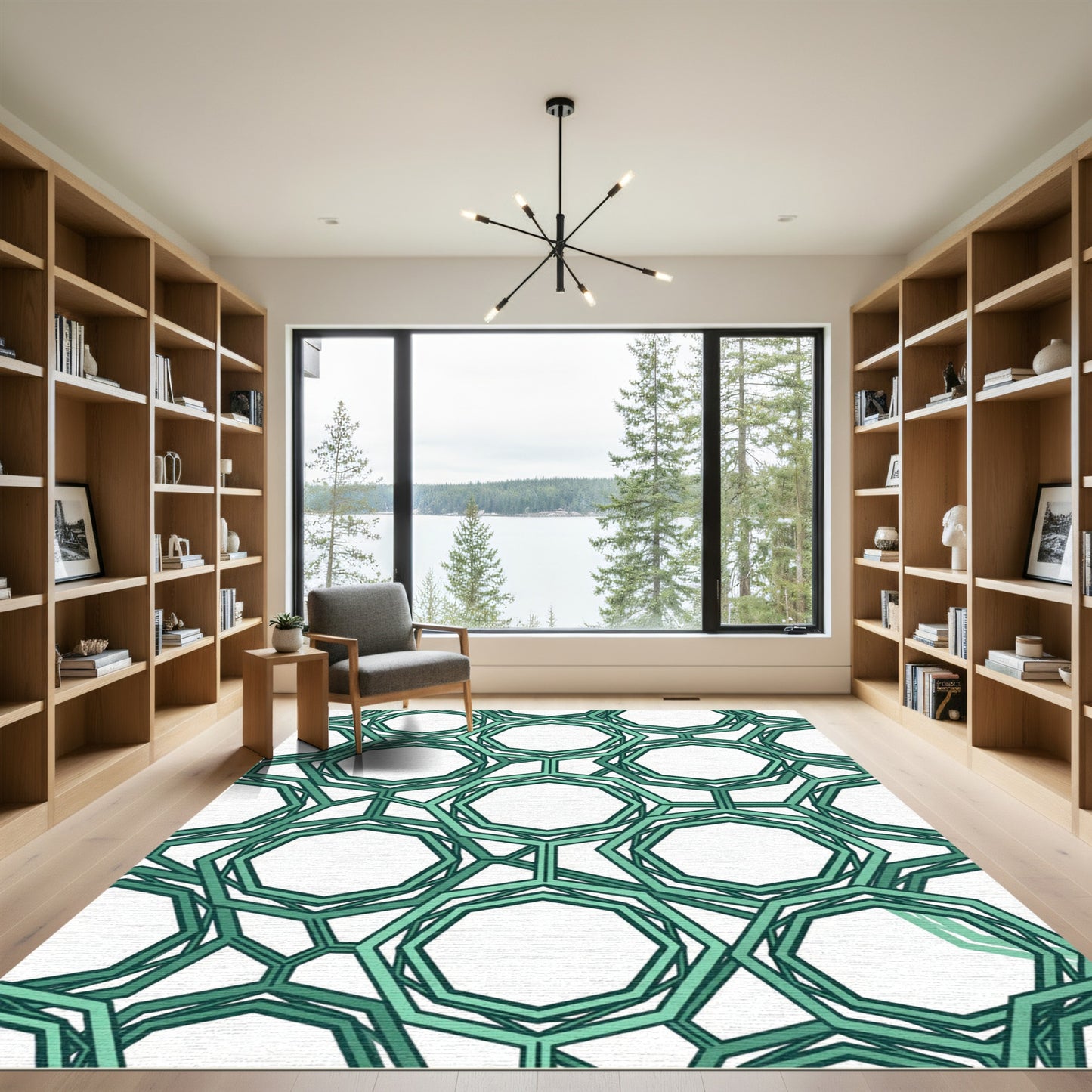 Geometric Emerald Green Octagon Lattice Rug