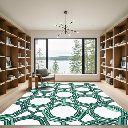 Geometric Emerald Green Octagon Lattice Rug