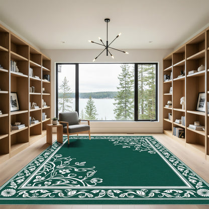 Deep Green White Floral Border Rug