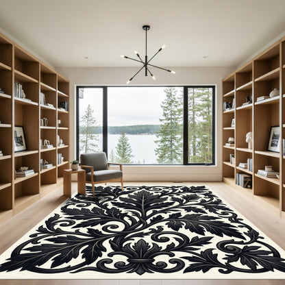 Ornate Black Acanthus Leaf Scroll Rug